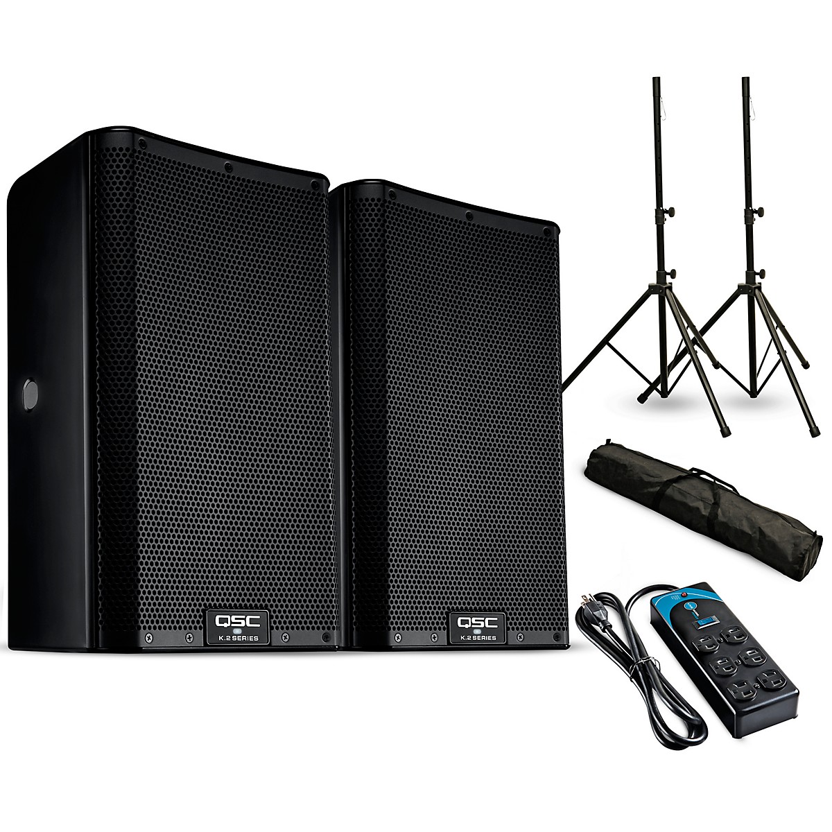 QSC K8.2 8" 2,000W Powered Speaker Pair With Stands & Power Strip