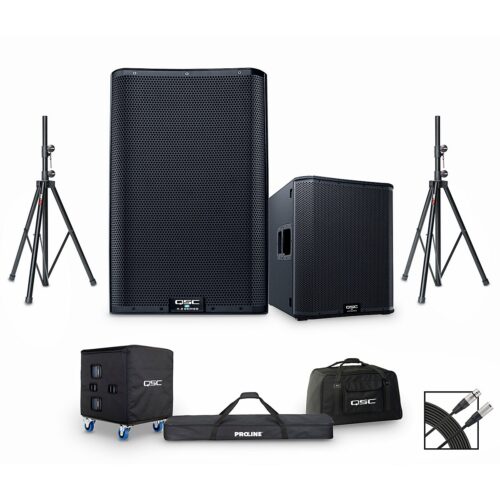 QSC K12.2 2,000W Powered Speaker Pair With KS118 Subwoofer, Stands, Covers & Cables