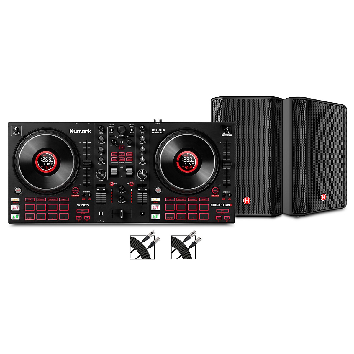 Harbinger VARI V1112 12" Powered Speakers Package With Numark Mixtrack Platinum FX DJ Controller & Cables